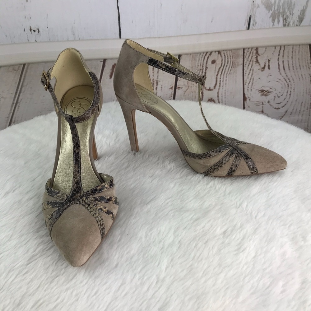 Jessica Simpson Taupe Suede T-Strap Pointed Toe Heels with Snake-Print Trim